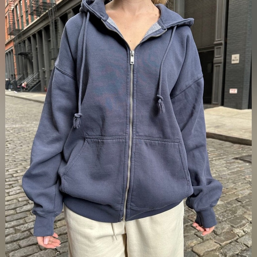 Brandy Melville Navy Blue Women's Zip Up Hoodie Jacket Boyfriend Oversized